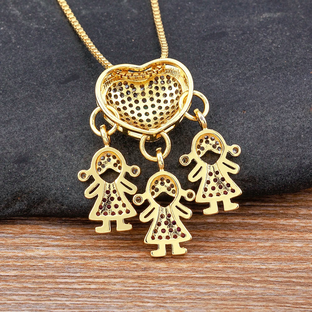 Gorgeous Family Love Son Daughter Sweet Heart Cubic Zirconia Pendant Necklace