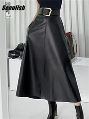 Luxury Fashion Classic Black Faux PU Leather Long Skirts with Belted