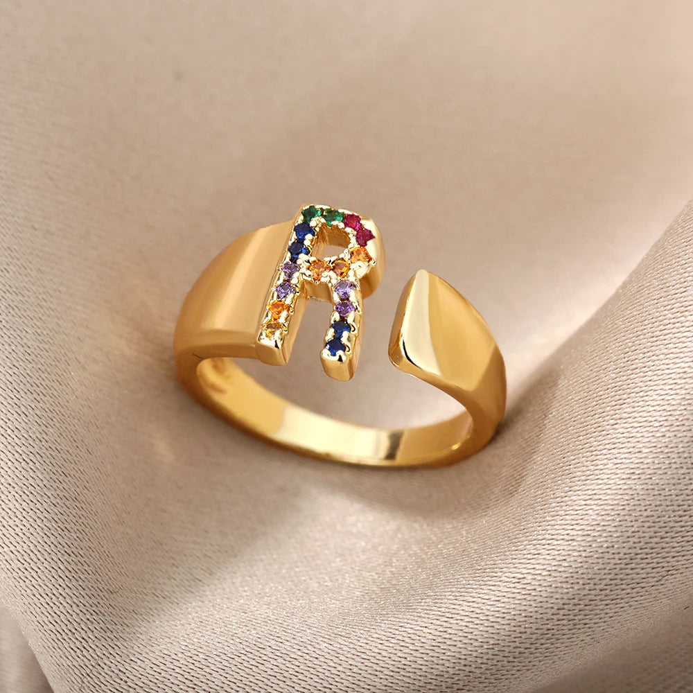 Luxury Adjustable Stainless Steel Rainbow Colorful Zircon Initial Letters Ring for Women and Men