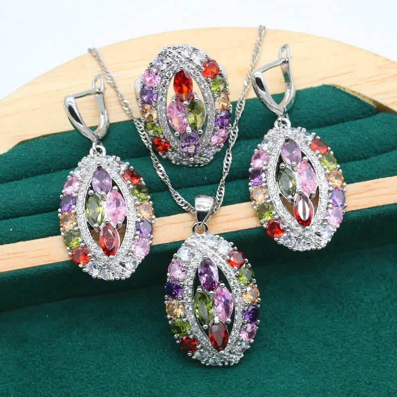 Exquisite Luxury 925 Sterling Silver Multi Colors Zirconia Jewelry Set for Women
