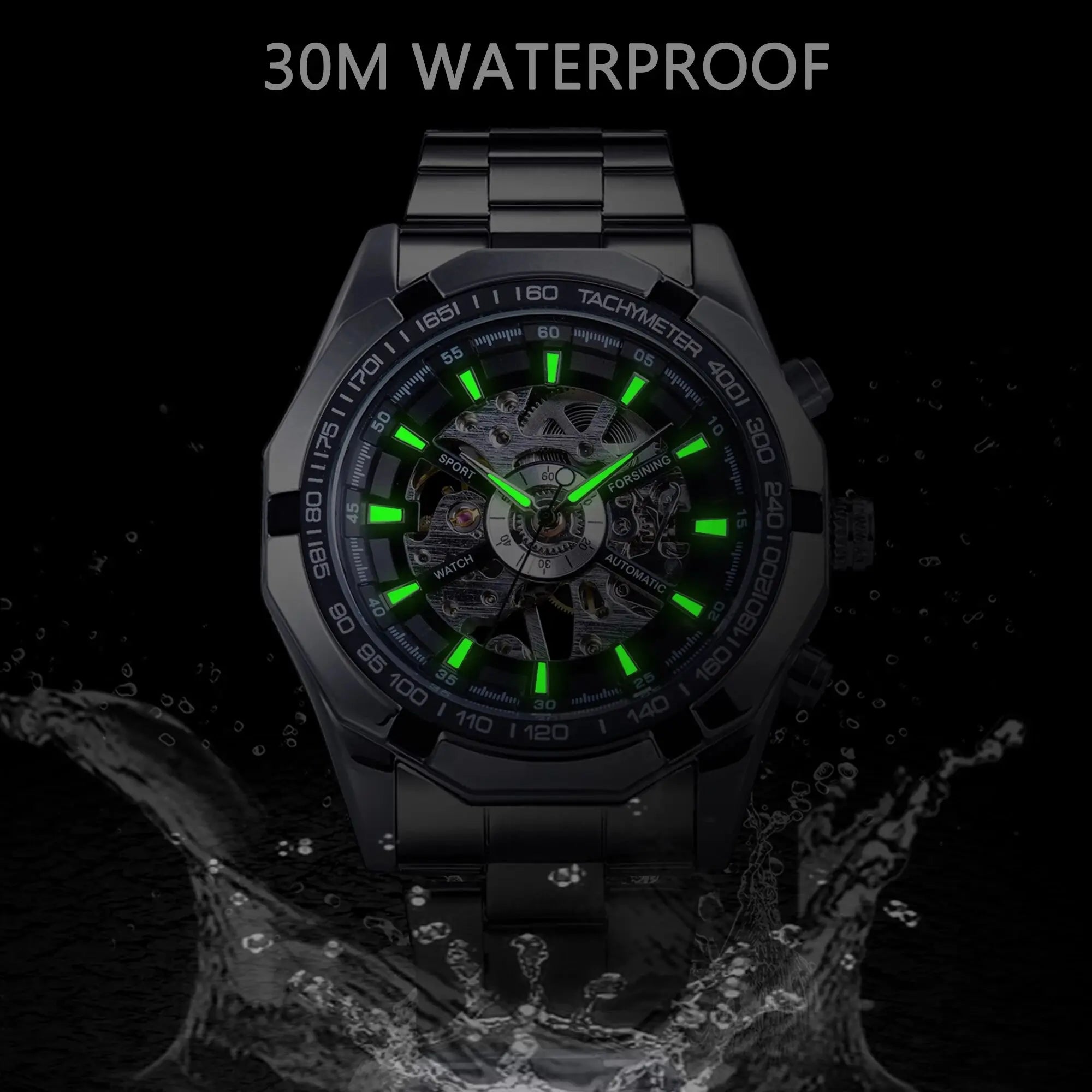 Forsining Top Luxury Mens Skeleton Watches Stainless Steel Waterproof Transparent Mechanical Sport Wristwatch