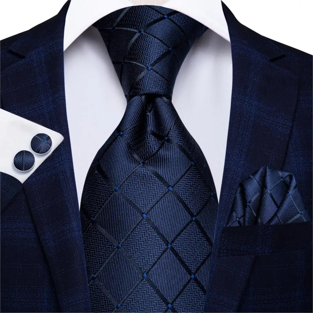 Luxury Hi-Tie 100% Silk Paisley Business Black Solid Necktie with Pocket Square and Cufflinks Set