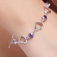Elegant High Quality 925 Sterling Silver Heart Purple Crystal Zircon Bracelet for Women and Girls