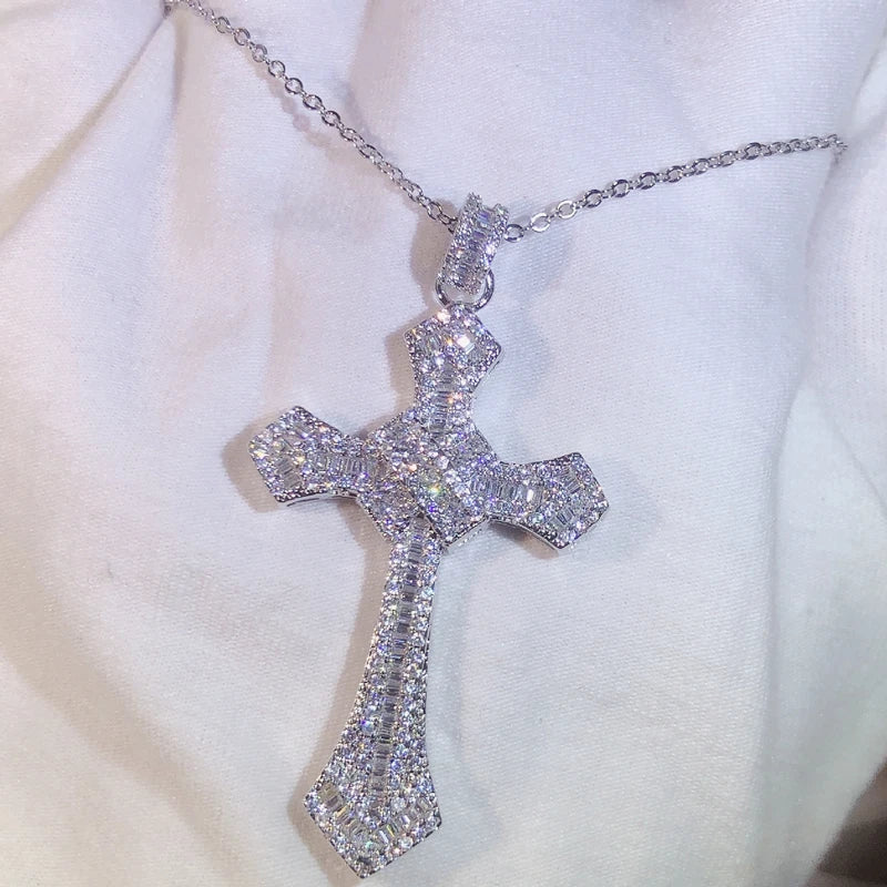 Sparking 925 Sterling Silver Classic Cross Pendant Silver With Zircon Necklace for Men and Women