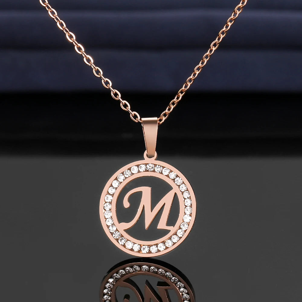 Luxury Gold and Rose Gold 316L Stainless Steel Crystal Rhinestone Initial Letter Necklace