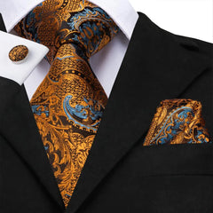 Luxury Hi-Tie 100% Silk Paisley Floral Black Gold Necktie with Pocket Square and Cufflinks Set