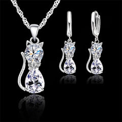 Exquisite 925 Sterling Silver Sparkling CZ Austrian Crystal Cute Cat Pendant Jewelry Sets for Women and Girls