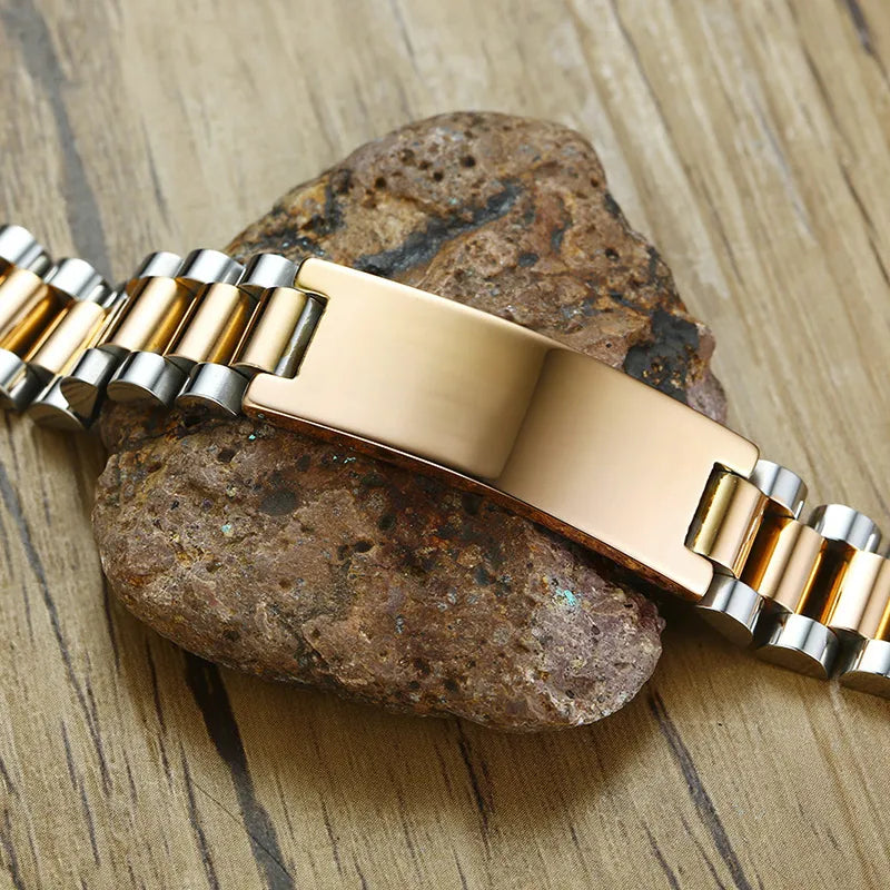 Luxury Shiny Stainless Steel IP Gold Plating 10MM -15.5MM Custom ID Log Text Bracelets for Men