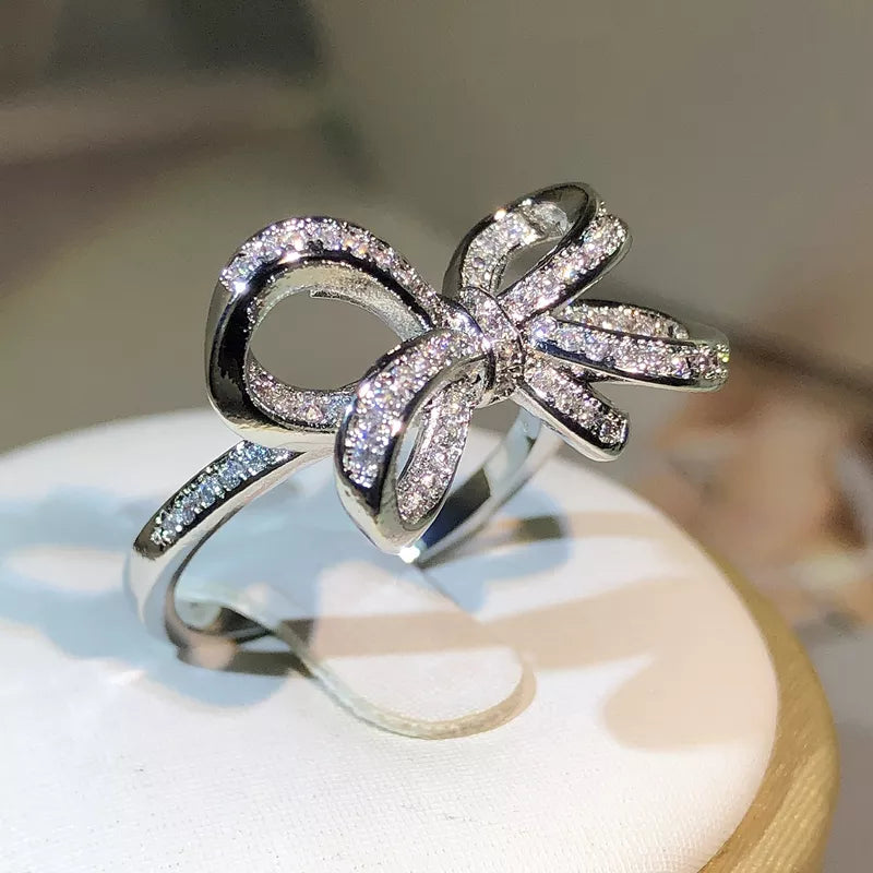 Luxury 925 Sterling Silver Sparkling Big Bow Zircon Ring