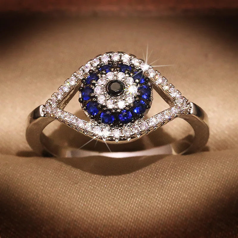 Exquisite S925 Sterling Silver Blue Crystal and Sparkling Cubic Zirconia Dainty Evil Eye Ring
