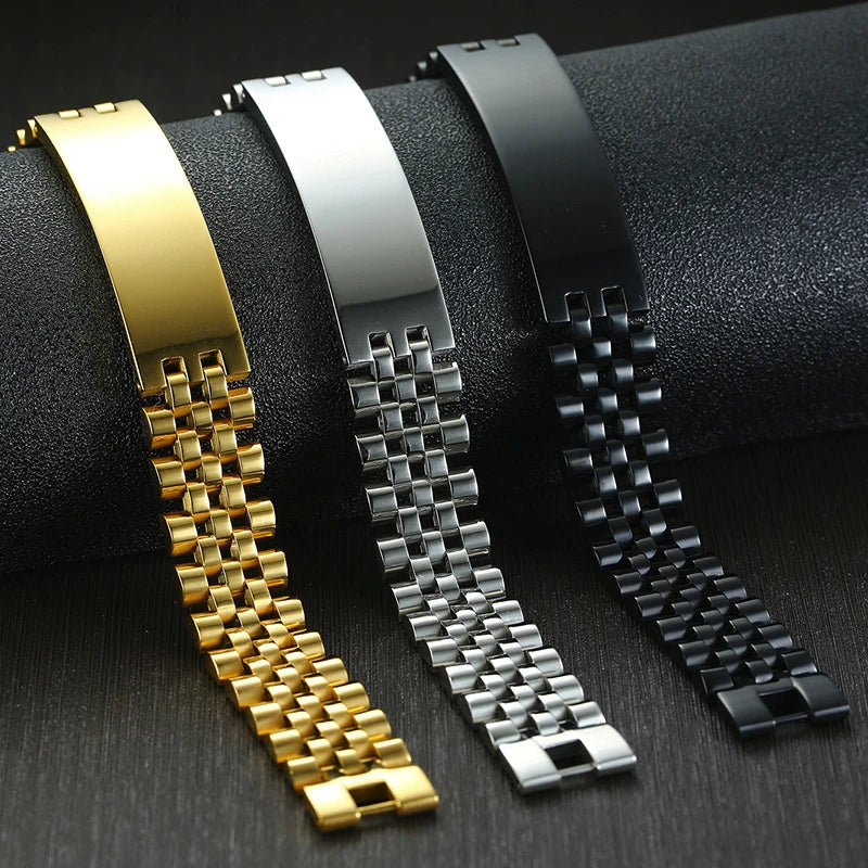 Luxury Shiny Stainless Steel IP Gold Plating 10MM -15.5MM Custom ID Log Text Bracelets for Men