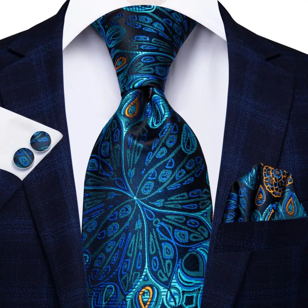 Luxury Hi-Tie 100% Silk Paisley Peacock Blue Design Necktie with Pocket Square and Cufflinks Set
