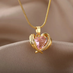 Elegant Pink Cubic Zirconia Heart Wings Pendant Choker Necklace for Women and Girls