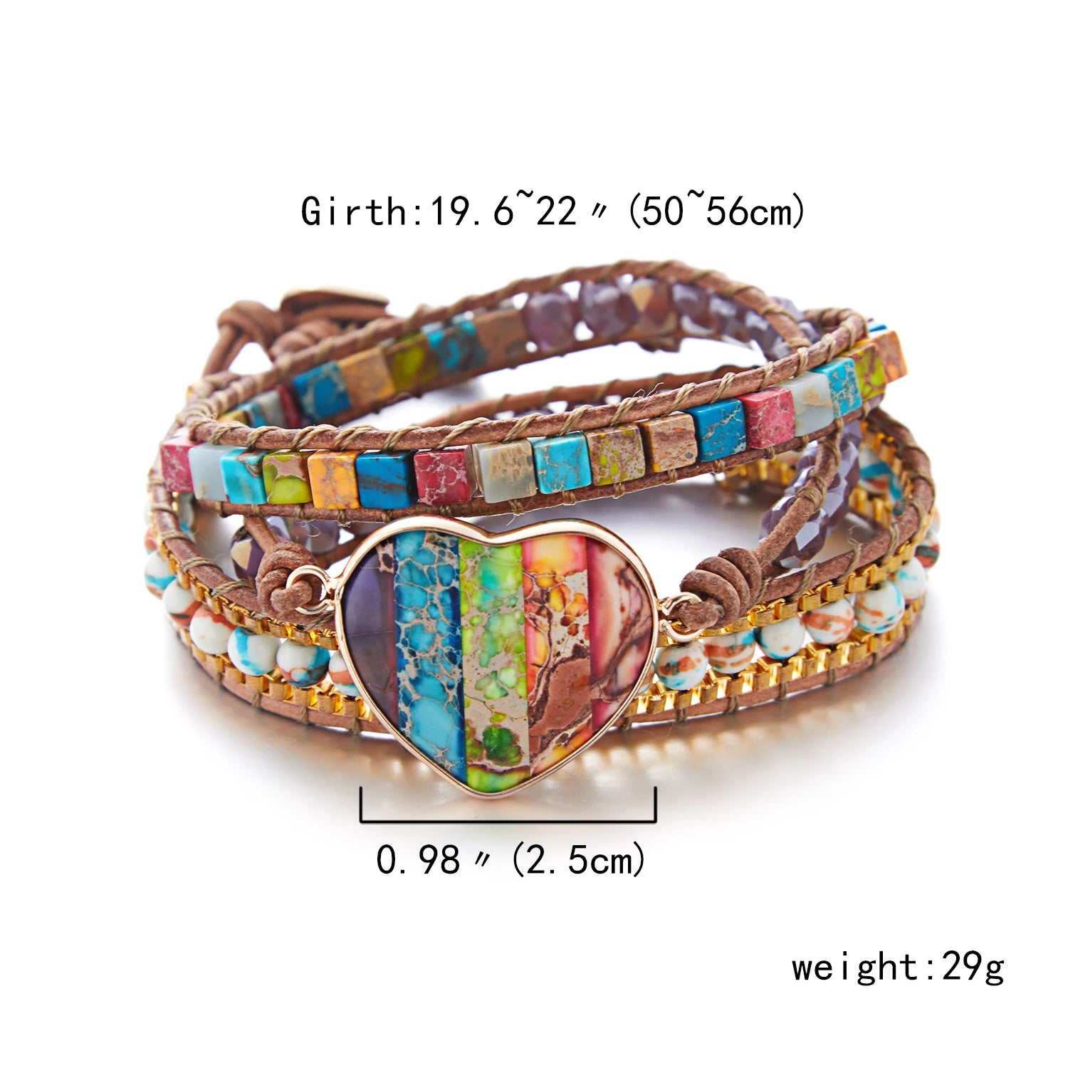 Gorgeous Colorful Big Chakra Heart Shape Wrap Leather Chain Bracelet