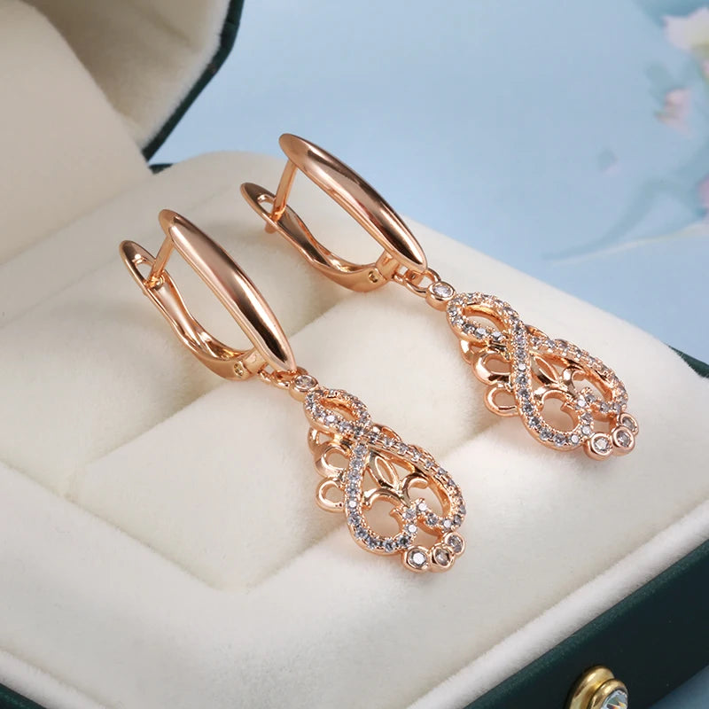 Exquisite Luxury 585 Rose Gold Natural Zircon Crystal Flower Dangle Earrings