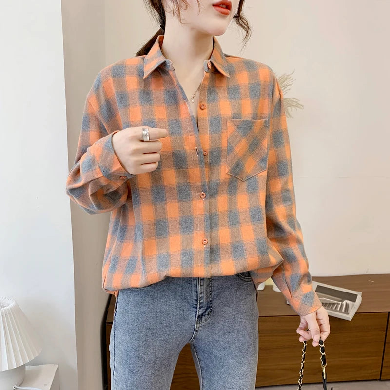 Elegant Women's Casual Cotton Flannel Plaid Shirts