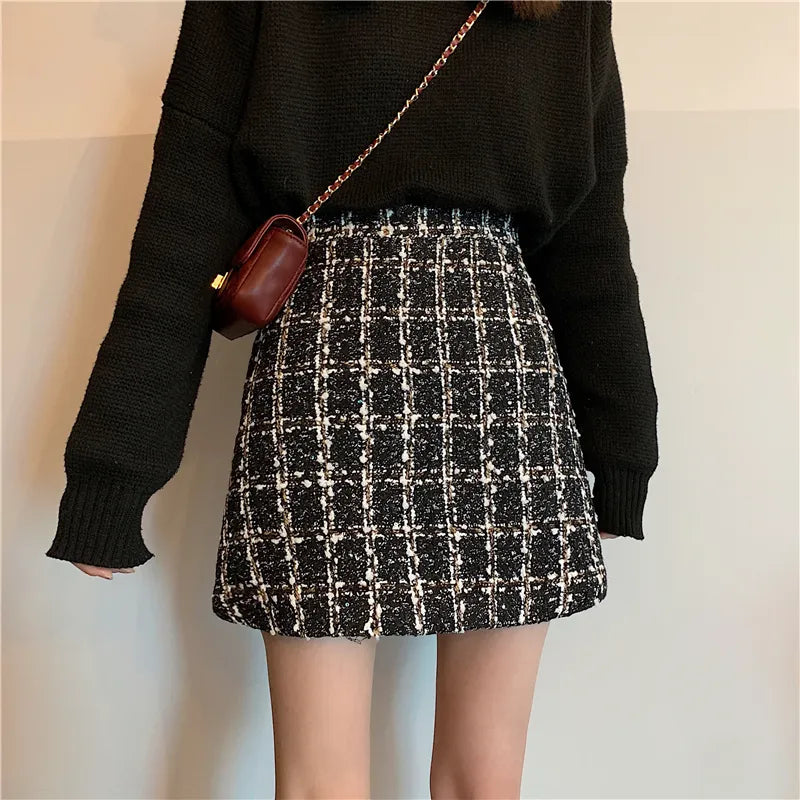 Luxury Plaid Thick Woolen Glitter Mini Tweed Skirt for Women and Girls