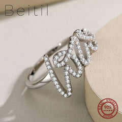 Exquisite 925 Sterling Silver Romantic Sweet LOVE Sparkling Clear Zircon Finger Ring
