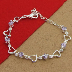 Elegant High Quality 925 Sterling Silver Heart Purple Crystal Zircon Bracelet for Women and Girls