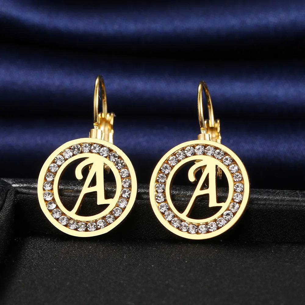 Luxury Stainless Steel Sparkling Crystal Initial Letters A-Z  Earrings