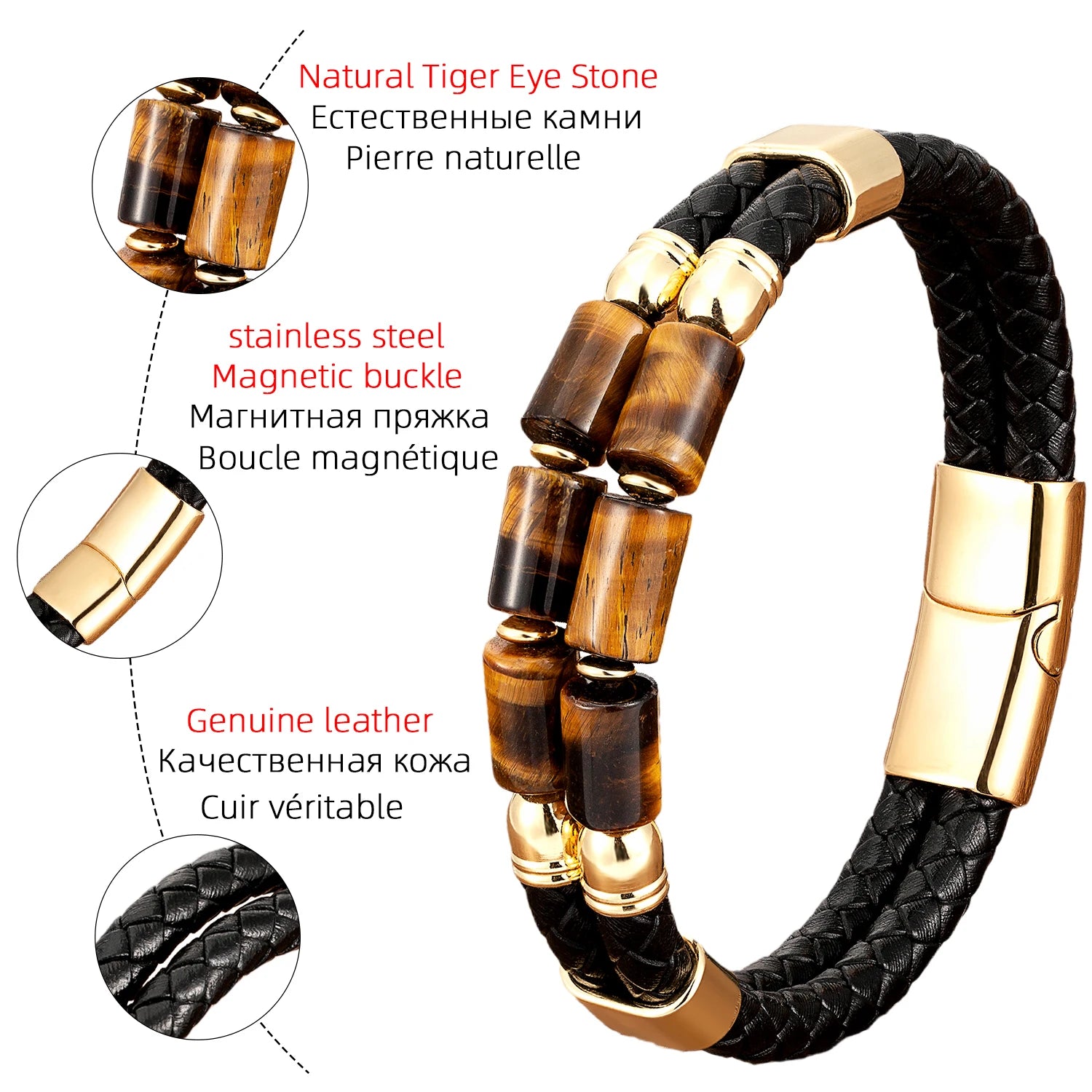 Luxury High Quality Natural Tiger Eye Multilayer Braided Leather Rope Bracelet for Men and Women
