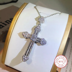 Gorgeous 925 Sterling Silver Full Zircon Inlay Cross Pendant Necklace