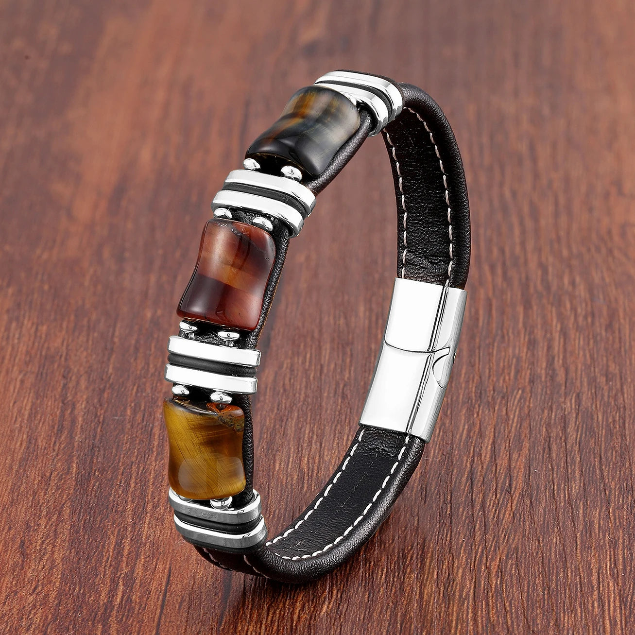 Gorgeous Stainless Steel Natural Stone Tiger Eye Leather Rope Chain Bracelet for Women and Men