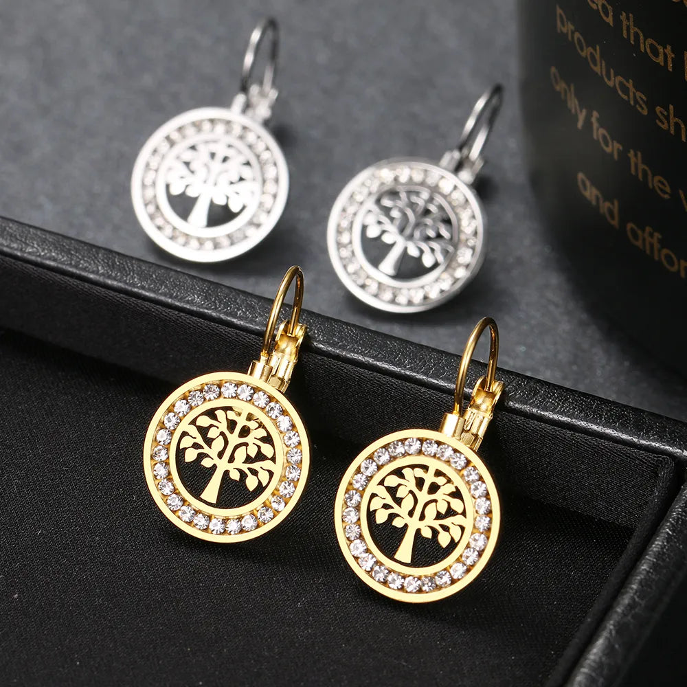 Stainless Steel Trend Fortune Life of Tree Zircon Crystal Fashion Charm Earrings
