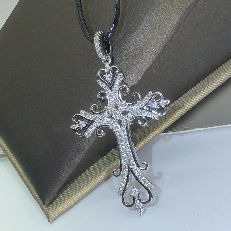 Magnificent 925 Sterling Silver Zirconia Heart Cross Pendant Necklace