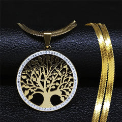 Exquisite Tree of Life Stainless Steel Crystal Pendant Necklace