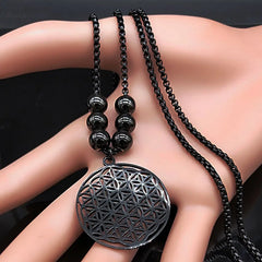 Exquisite Stainless Steel Flower of Life Mandala Metatron Long Black Bead Necklaces