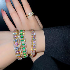 Sparkling Geometric Zircon Bracelet & Bangles with Pink and Green Crystals