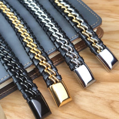 Exquisite Genuine Leather Stainless Steel Titanium Gold Plated Chain Bracelet for Men