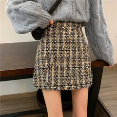 Luxury Plaid Thick Woolen Glitter Mini Tweed Skirt for Women and Girls