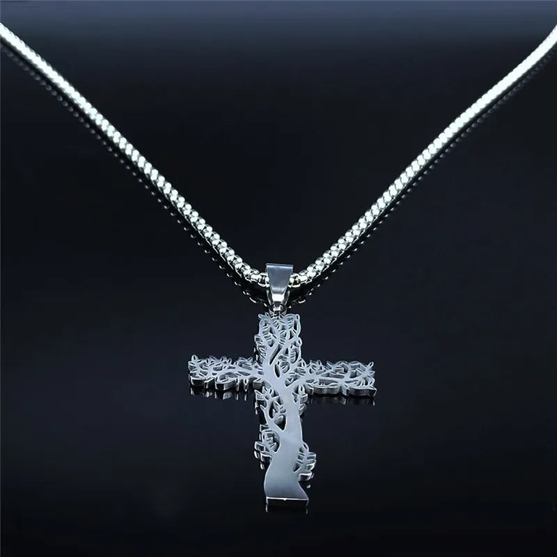 Gorgeous Stainless Steel Tree of Life Cross Pendant Necklace