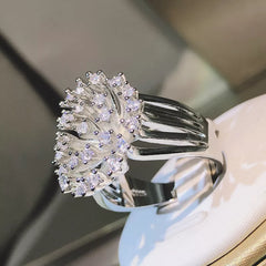 Exquisite Sparkling 925 Sterling Silver Glittering Zircon Dandelion Ring