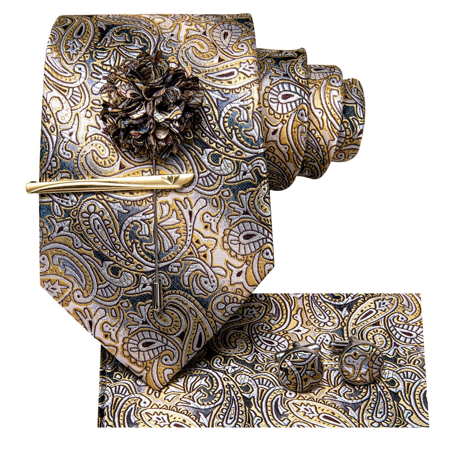Luxury Hi-Tie Silk Paisley Yellow Brown Necktie with Square Pocket Plus Clip and Cufflinks Set