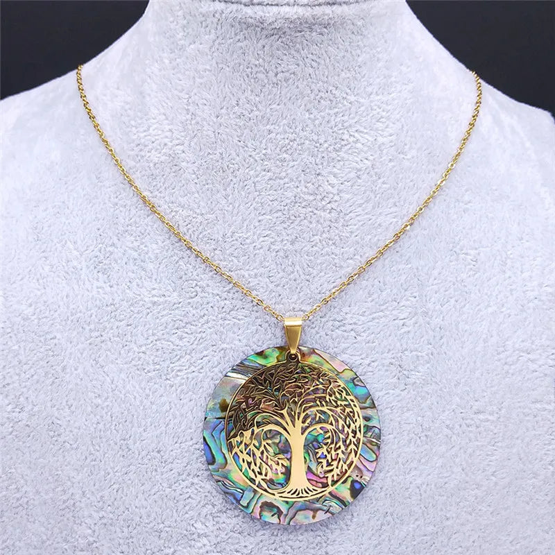 Exquisite Tree of Life Stainless Steel Abalone Shell Necklace for Women and Men