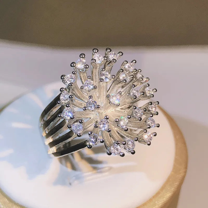 Exquisite Sparkling 925 Sterling Silver Glittering Zircon Dandelion Ring