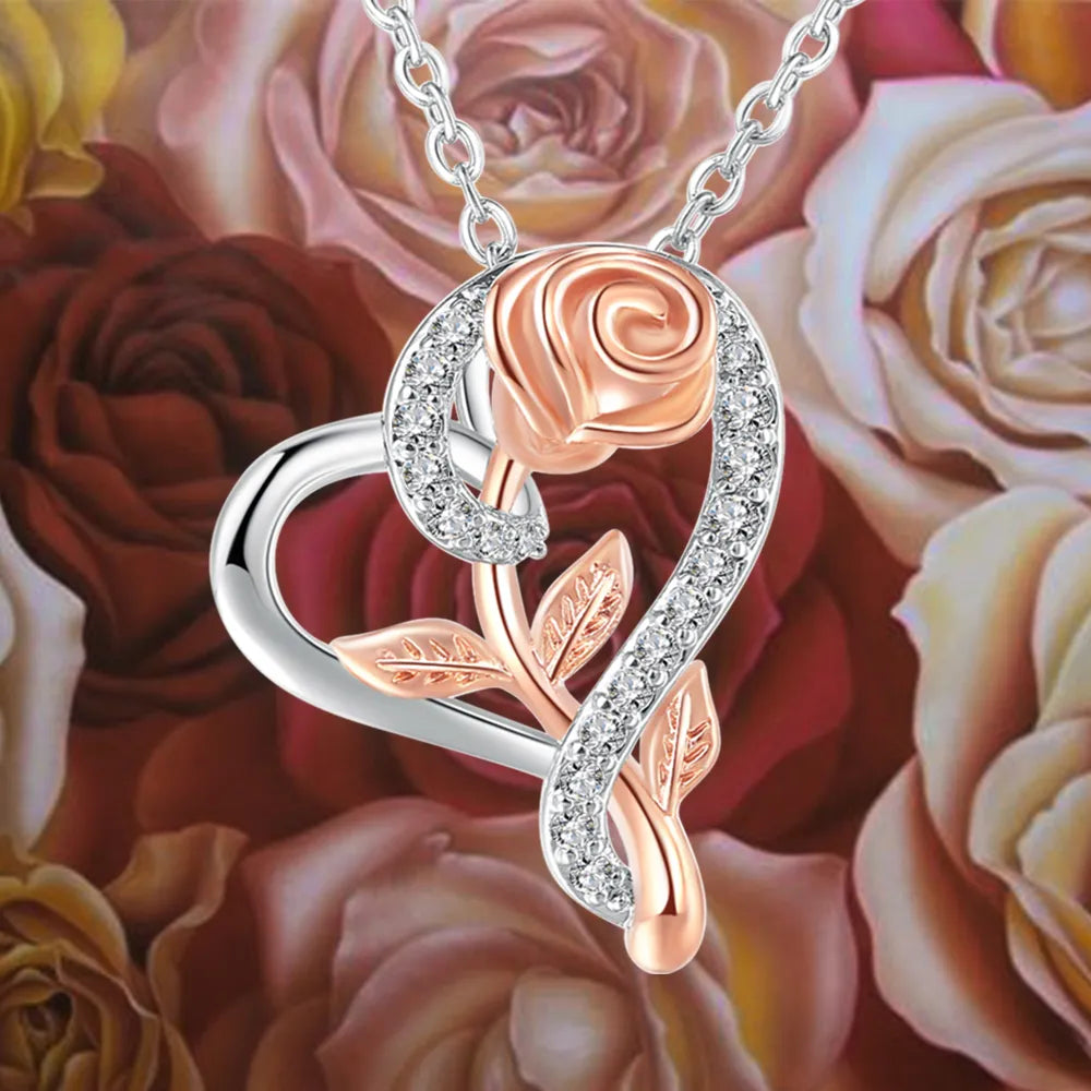 Exquisite 2 Tones Gold Plated Rose Flower CZ Heart Pendant Necklace