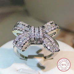 ExquisiteS 925 Sterling Silver Bowknot Bow Knot Bling Zircon Stones Ring