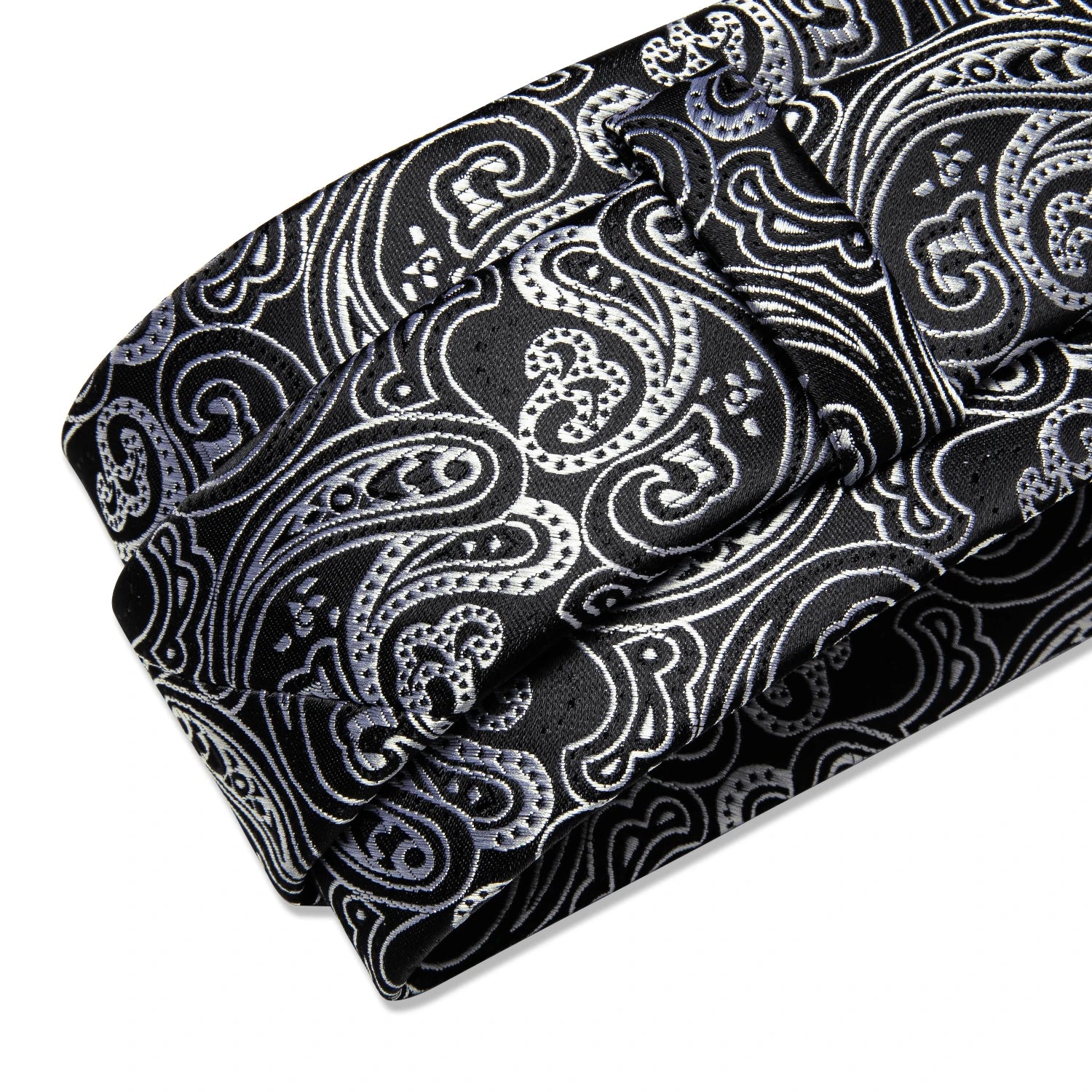 Luxury Hi-Tie 100% Silk Paisley Black And Silver Necktie with Pocket Square and Cufflinks Set
