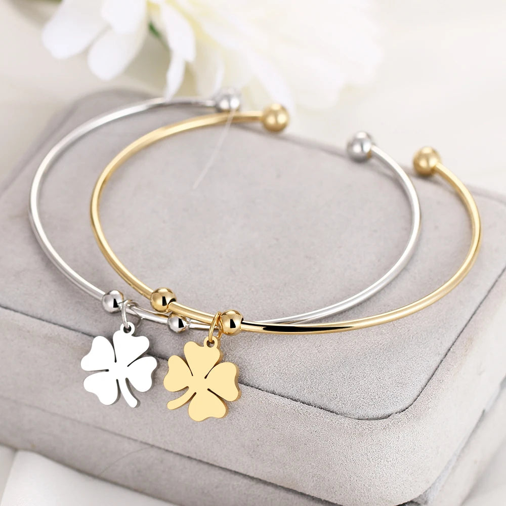 Exquisite 316L Stainless Steel Gold Four Leaf Clover Open Bracelets