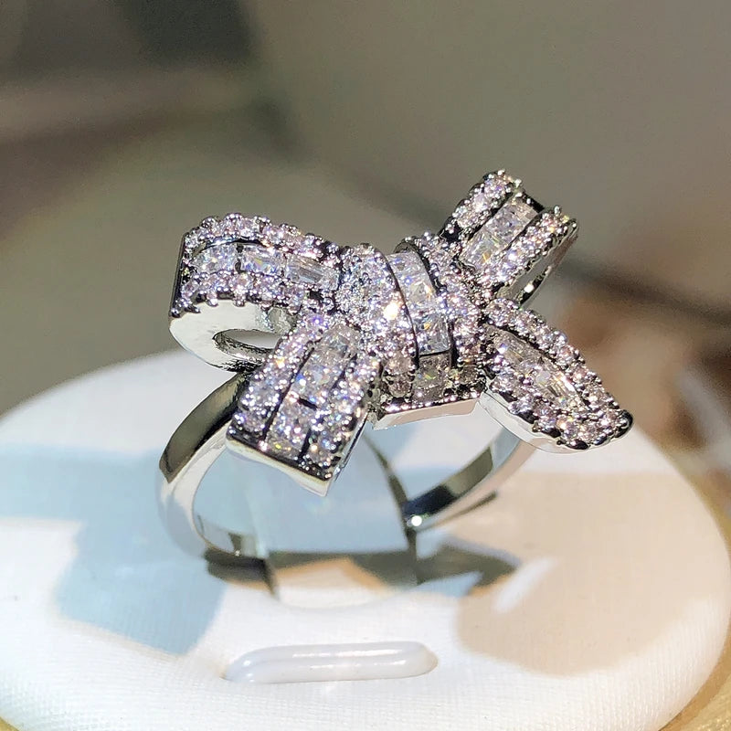 ExquisiteS 925 Sterling Silver Bowknot Bow Knot Bling Zircon Stones Ring