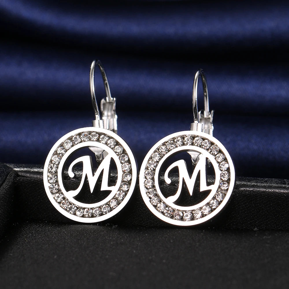 Luxury Stainless Steel Sparkling Crystal Initial Letters A-Z  Earrings