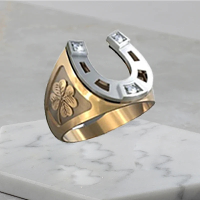 Trendy Gold Colors Horseshoe U-shaped Crystal Four Leaf Clover Ring for Men and Women