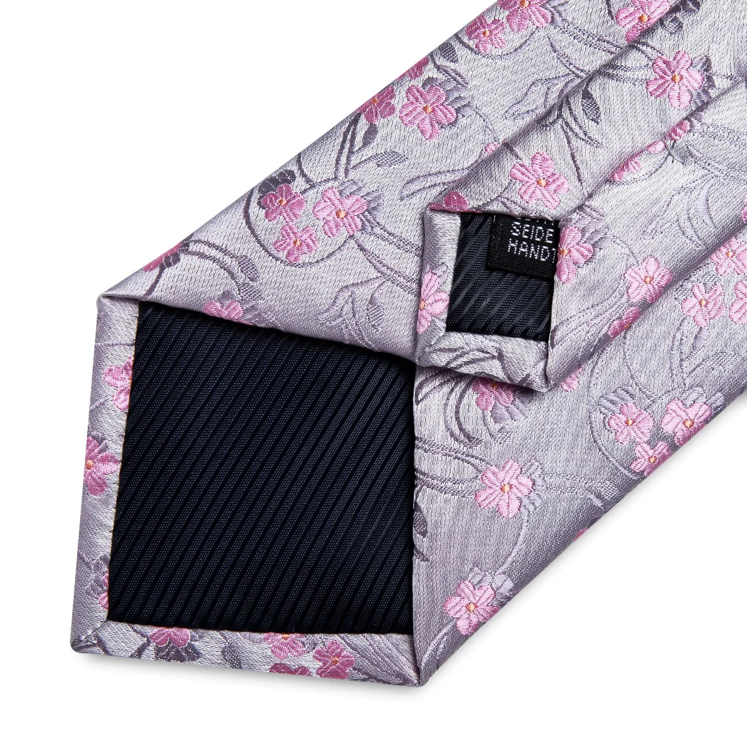 Luxury DiBanGu 100% Silk Floral Pink Necktie with Pocket Square Brooch and Cufflinks Set