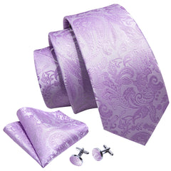 Barry.Wang Silk Paisley Purple Violet Necktie with Pocket Square and Cufflinks Set