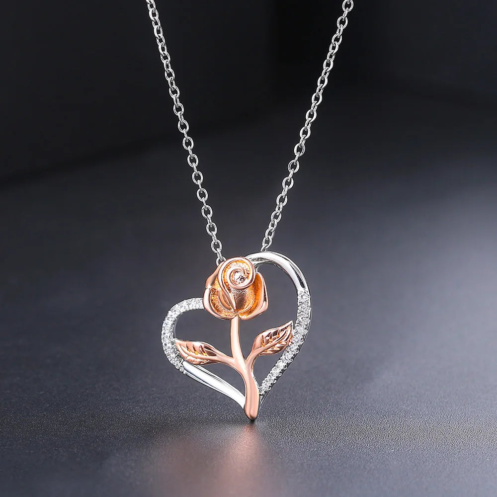 Exquisite 2 Tones Gold Plated Rose Flower CZ Heart Pendant Necklace