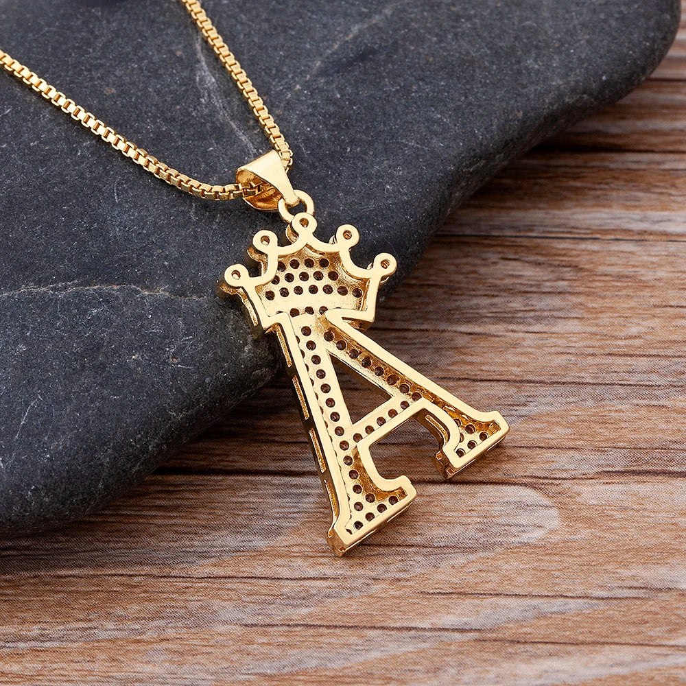 Luxury Copper Personalized A-Z Crown Alphabet Pendant Chain Necklace for Men and Women